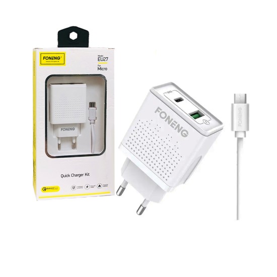 Carregador Rápido Foneng EU27 com cabo Micro Dual USB 18W Branco